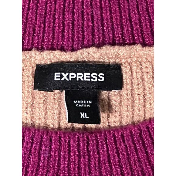 Express Women's Crewneck Long Sleeved Relaxed Fit Sweater XL Tan/Black/Fuschia - Picture 2 of 7